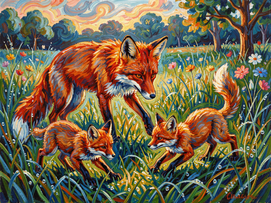 A mother fox teaching her kits to hunt in a dew-covered meadow.