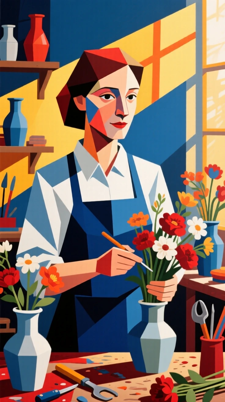 A medium shot portrait of a florist in a sunlit workshop, focused and content in the craft.