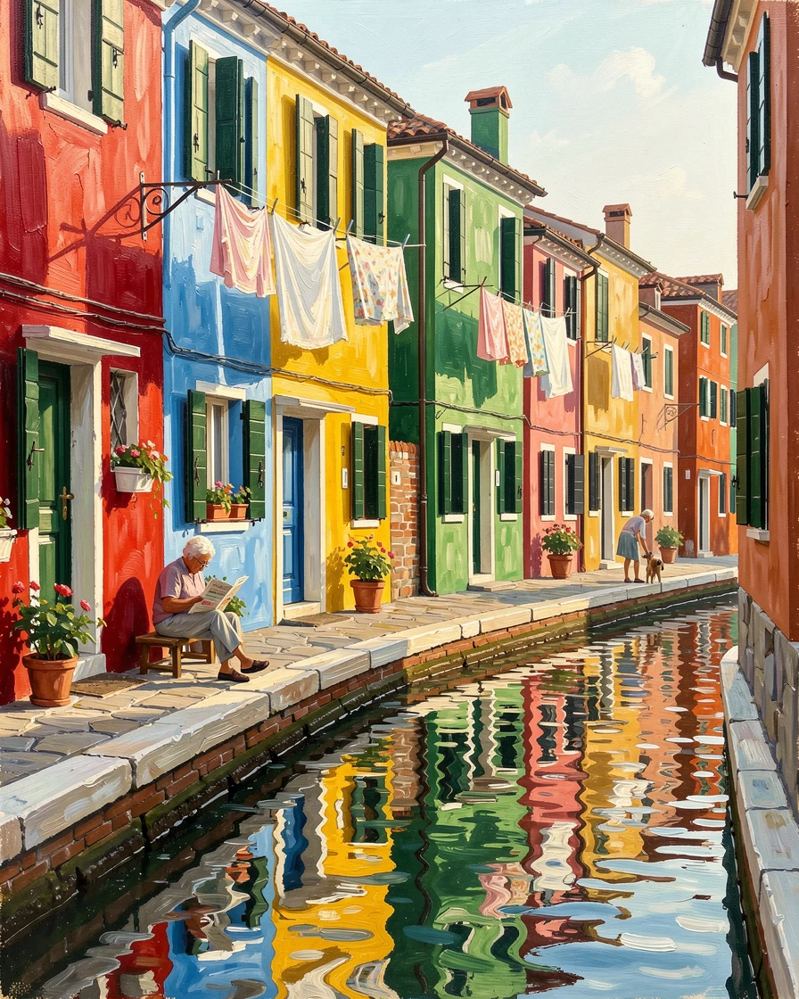 A vibrant street in Burano, Italy, shows brightly painted houses in every color reflected in a narrow canal, laundry fluttering from upper windows, local life visible in the background, adding a quiet sense of authenticity to the scene.