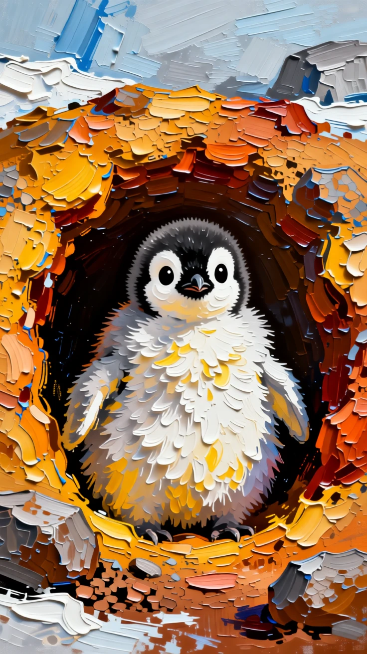 A heartwarming photo of a baby penguin chick peeking out curiously from a burrow entrance