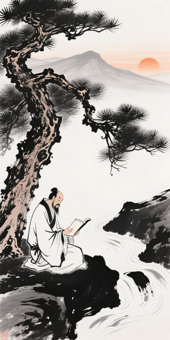 A scholar sits beneath a pine tree reading beside a mountain stream, as the sun begins to set behind the far ridgeline.