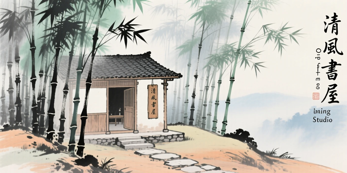 A scholar's studio nestled among bamboo on a quiet hillside, in the height of summer, through a light drifting mist.