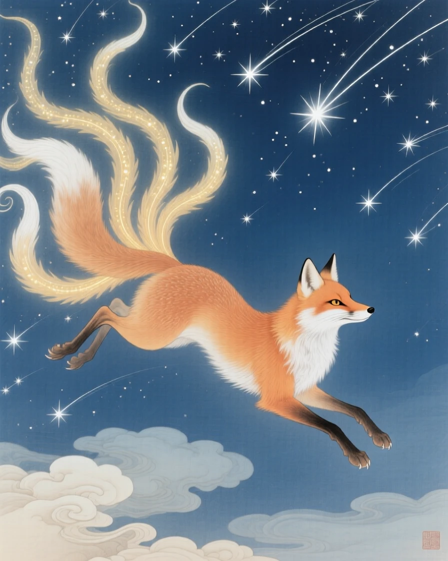 A spirit fox leaping lightly with nine glowing tails trailing behind beneath a sky filled with shooting stars