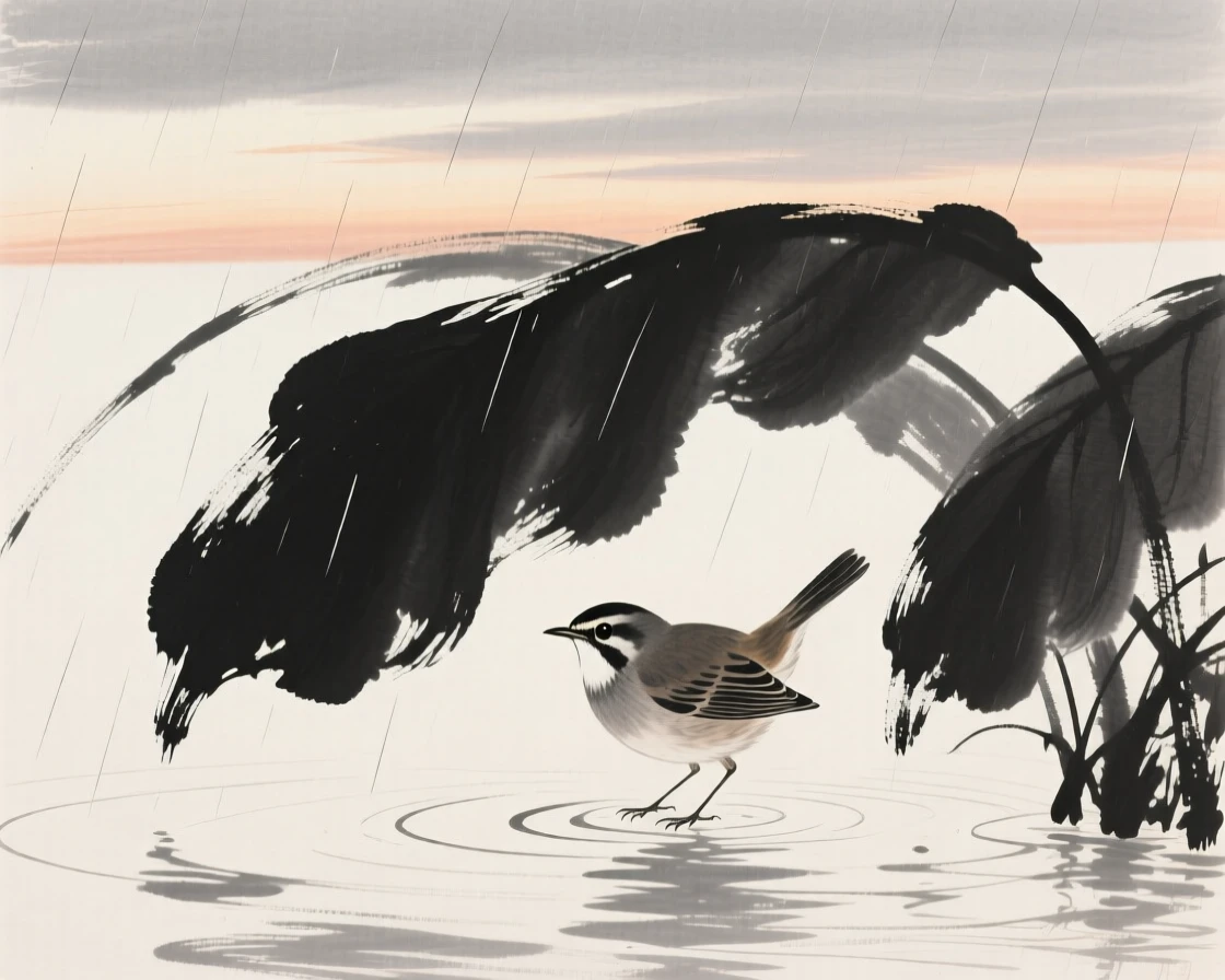 A nightingale sheltering beneath broad leaves during rain over rippling water at dusk, framed against a wide expanse of open sky, carrying a quiet, poetic stillness.