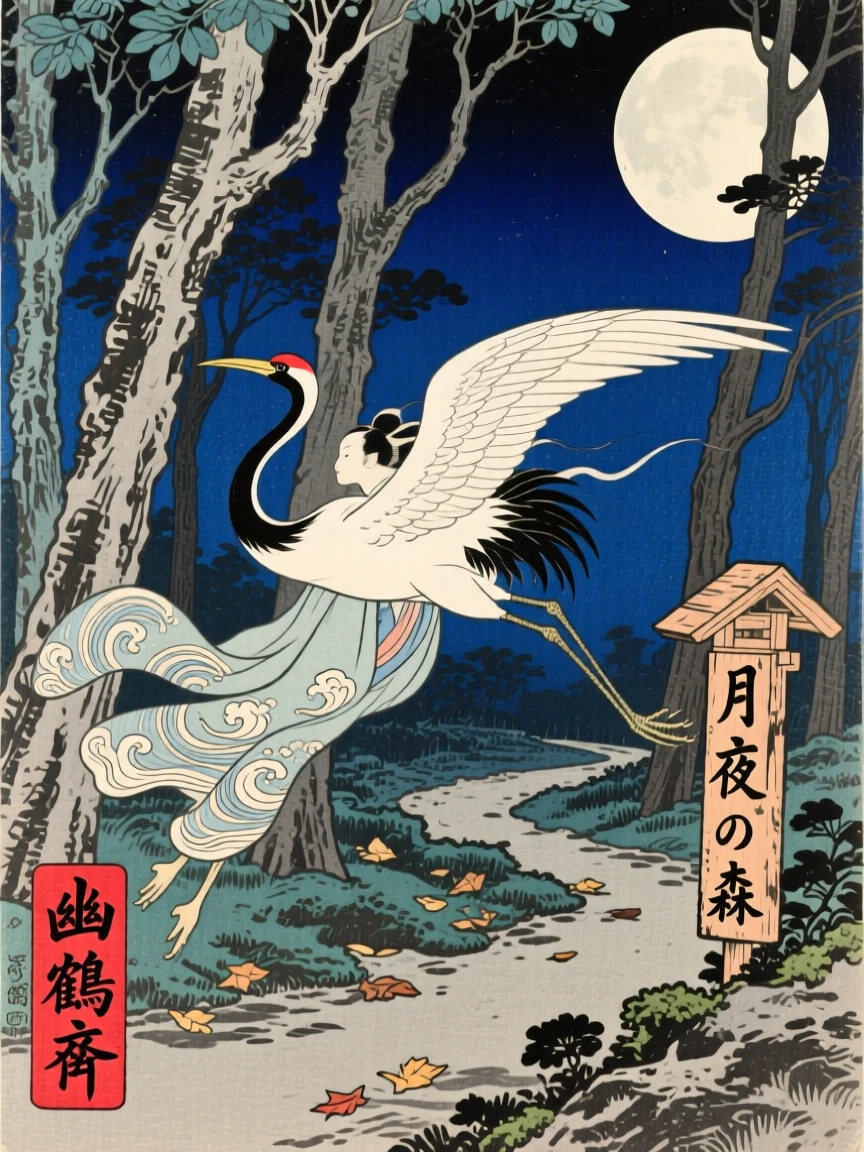A transforming crane spirit darting through a moonlit forest.