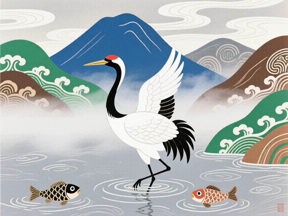 A snow-white crane emerging from a misty mountain lake.