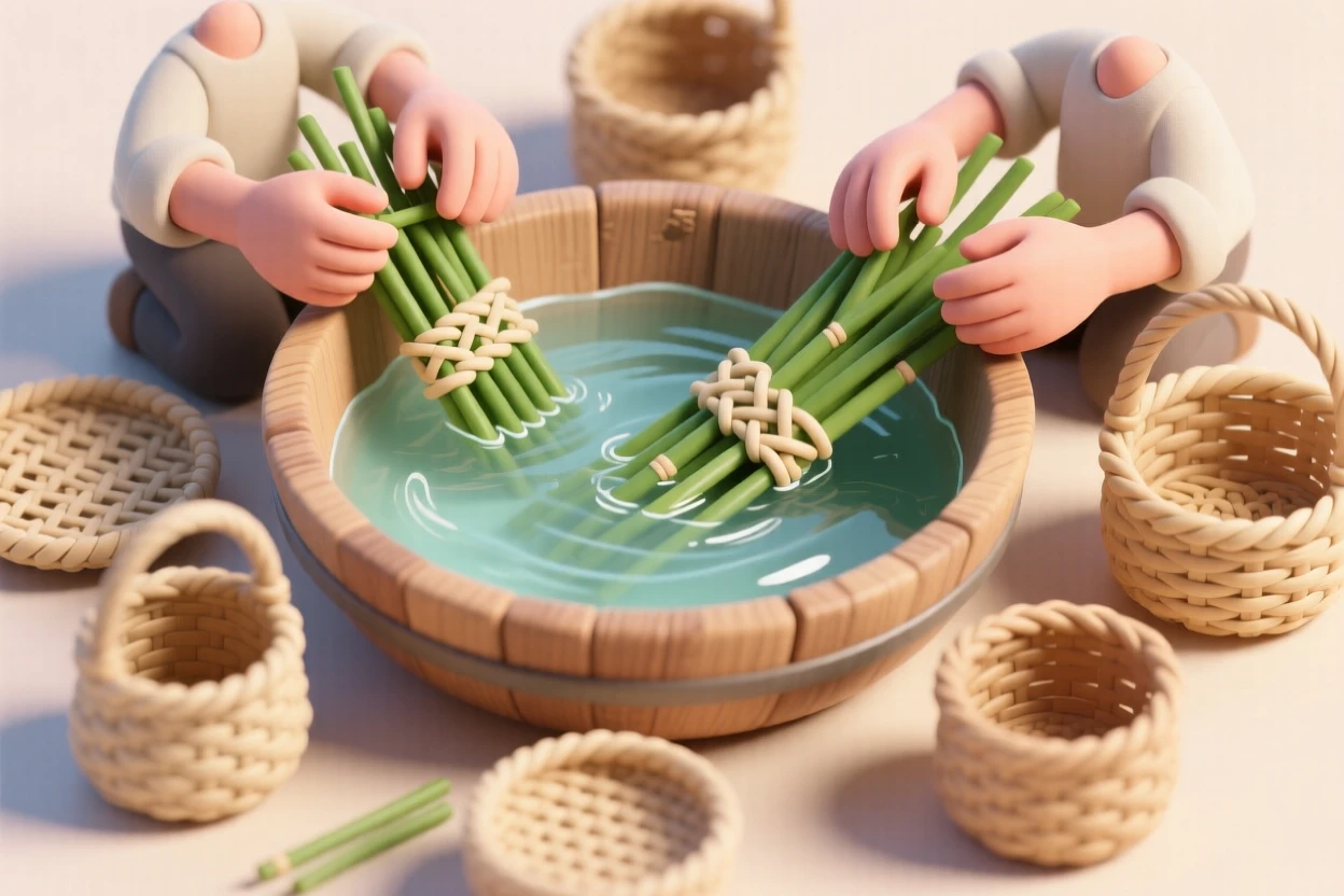 A basket weaving circle with reeds soaking in water, half-finished baskets taking shape, and hands working the pattern.