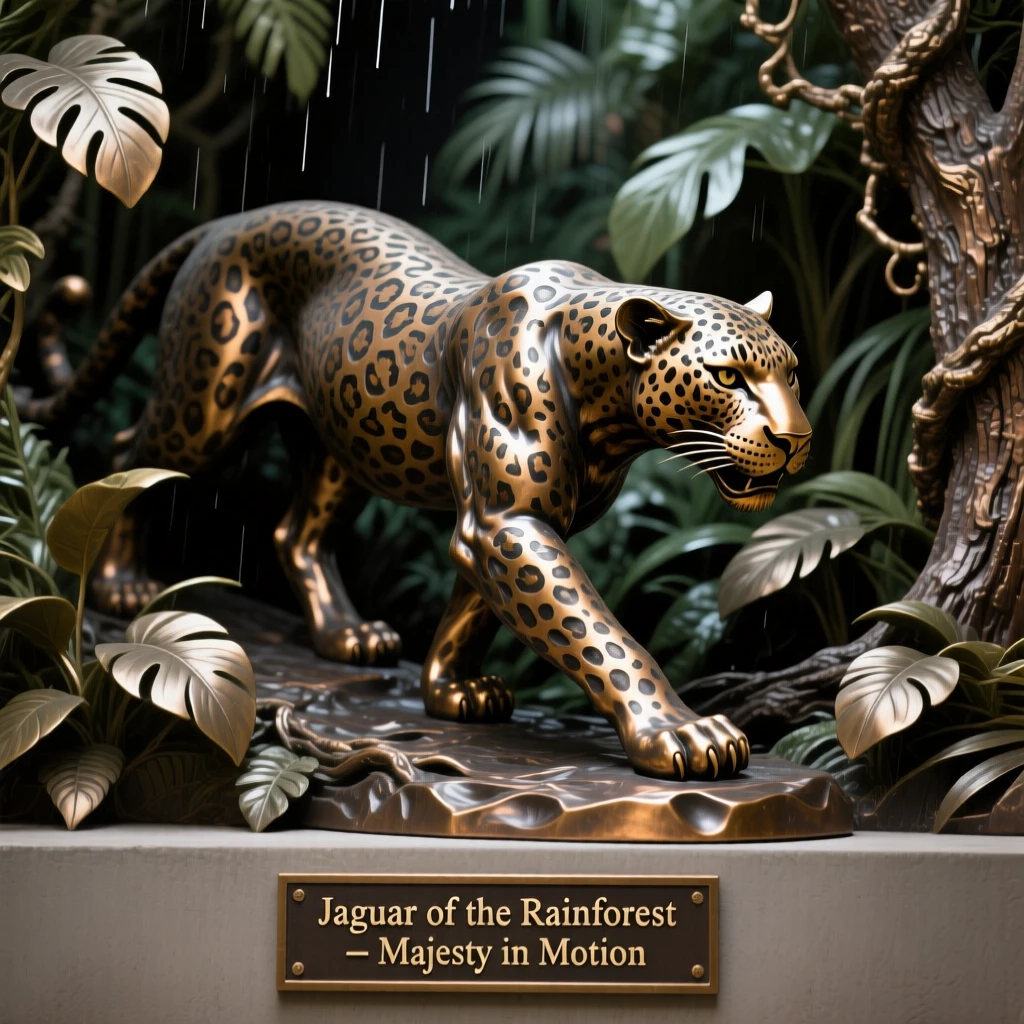 A jaguar prowling through a dense rainforest, framed by dramatic natural scenery, evoking wonder and majesty