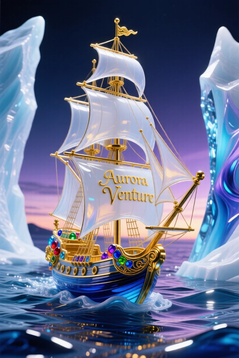 A lone sailor's ship navigating between towering icebergs at dusk, adventurous and vast.