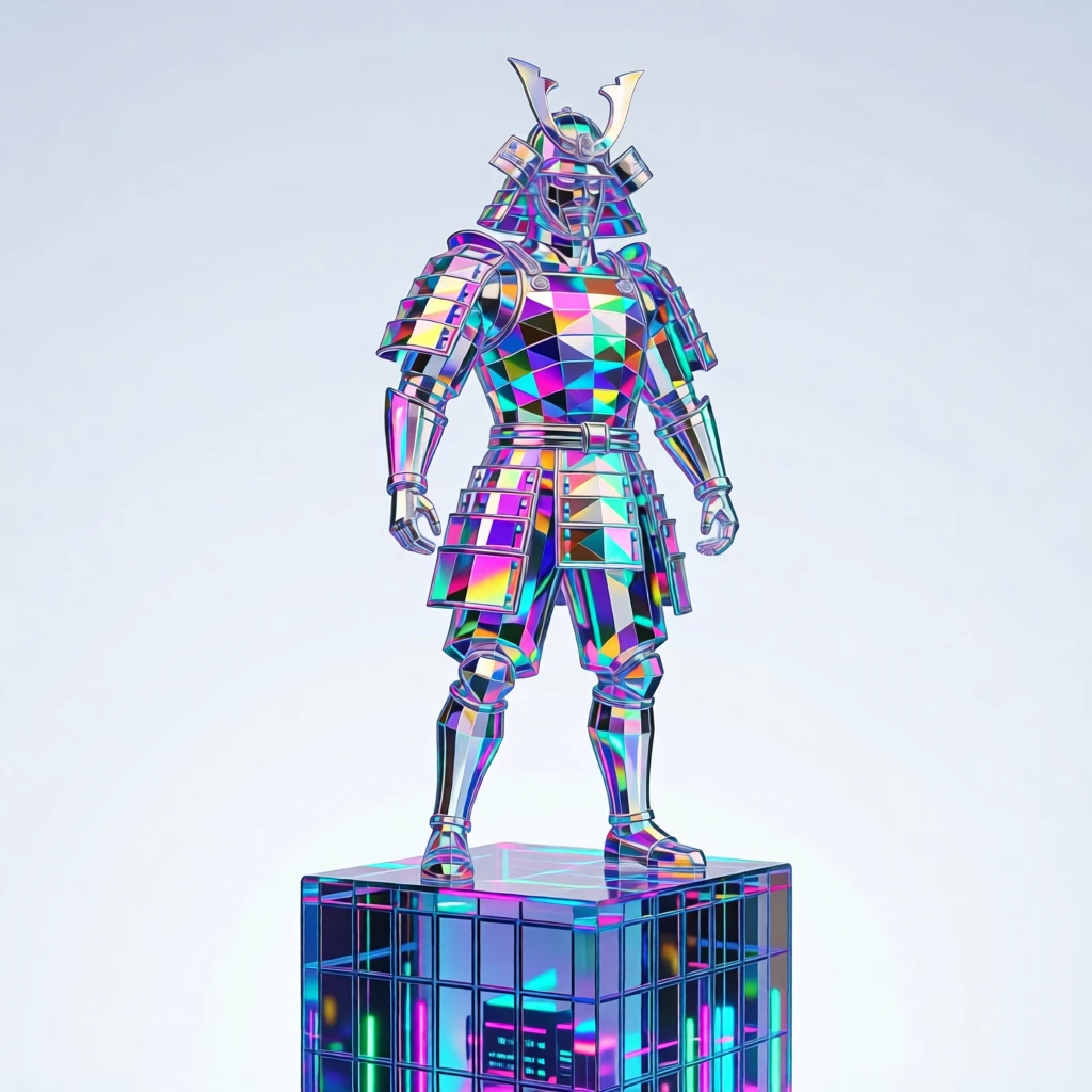 A futuristic samurai warrior clad in glowing armor standing atop a neon skyscraper.