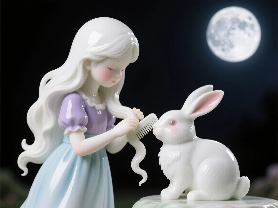 A storybook depiction of a girl following a white rabbit combing her long hair by moonlight, rendered with warm, nostalgic charm.