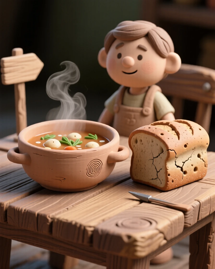 A steaming bowl of soup beside a crusty loaf on a rustic table