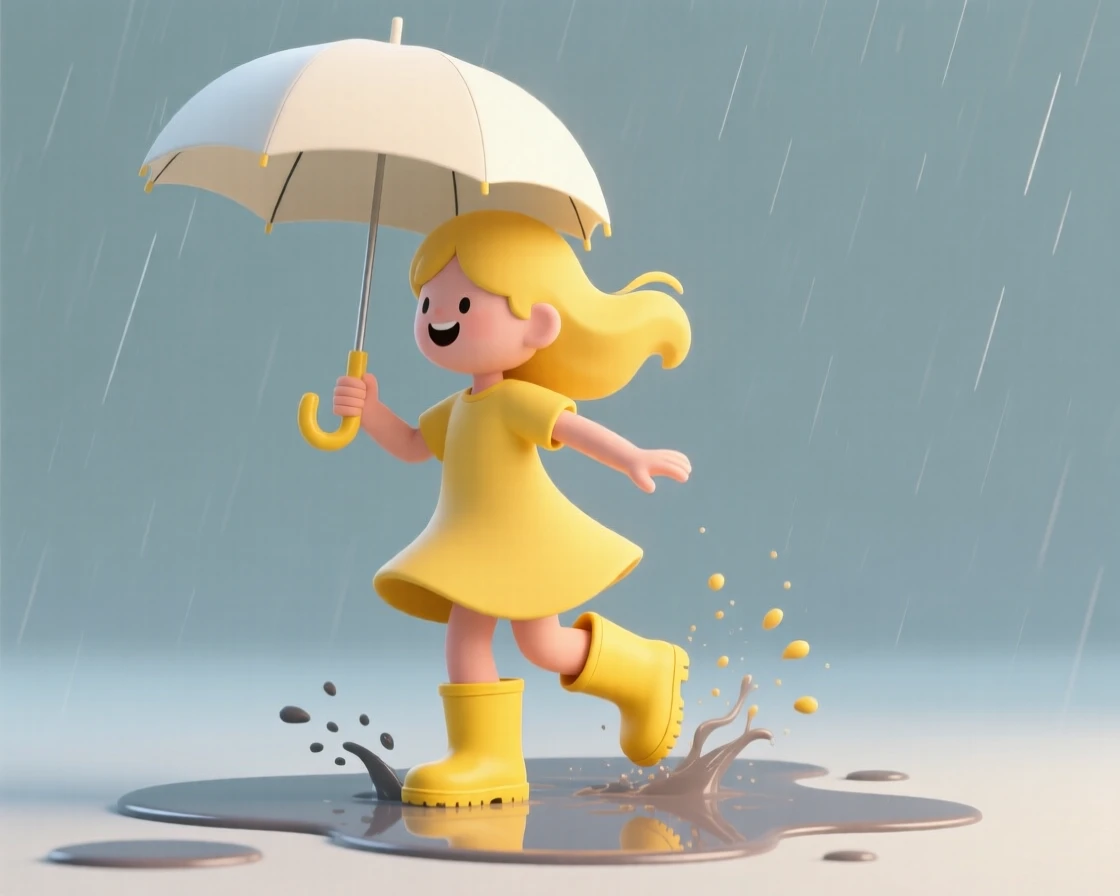 A joyful girl twirls an umbrella while splashing through rain puddles in bright yellow rubber boots.