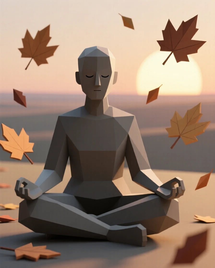 A person meditating quietly at sunrise, beneath falling autumn leaves. fine details in expression bring the moment to life. The mood feels tender and heartfelt.