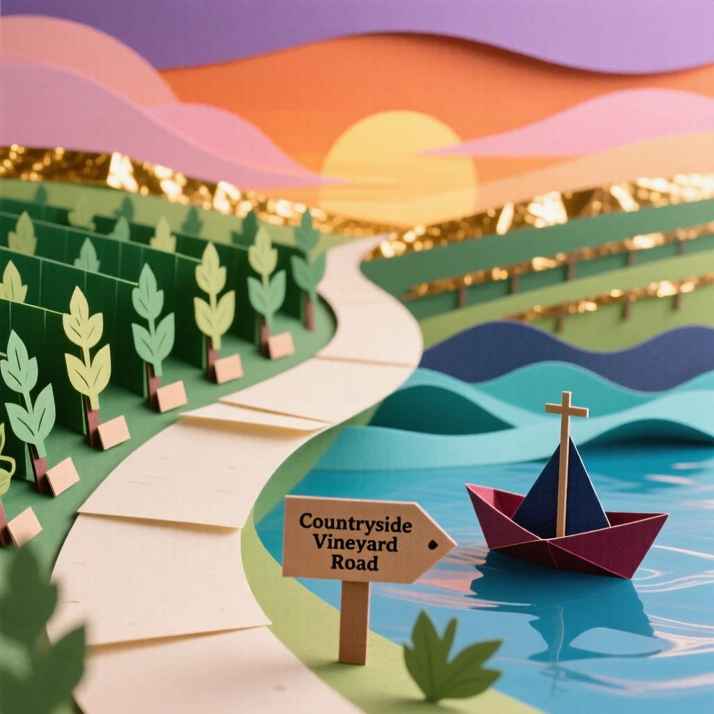 A vineyard-covered countryside road glowing warmly at sunset, with small boats resting along the water, capturing the romance of travel.