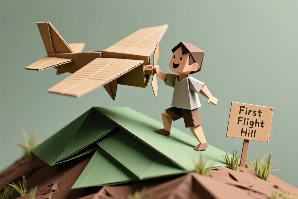 A child's first attempt at flying a homemade cardboard airplane off a small hill.