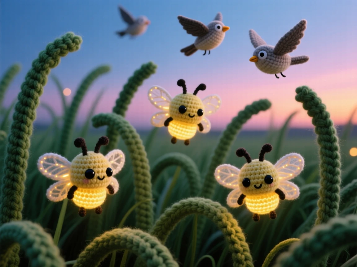 A tranquil view of a cluster of glowing fireflies, drifting above tall grass, lighting up a warm summer evening, surrounded by the quiet hush of early morning, with a small flock of birds passing overhead, evoking peaceful, untouched natural beauty.