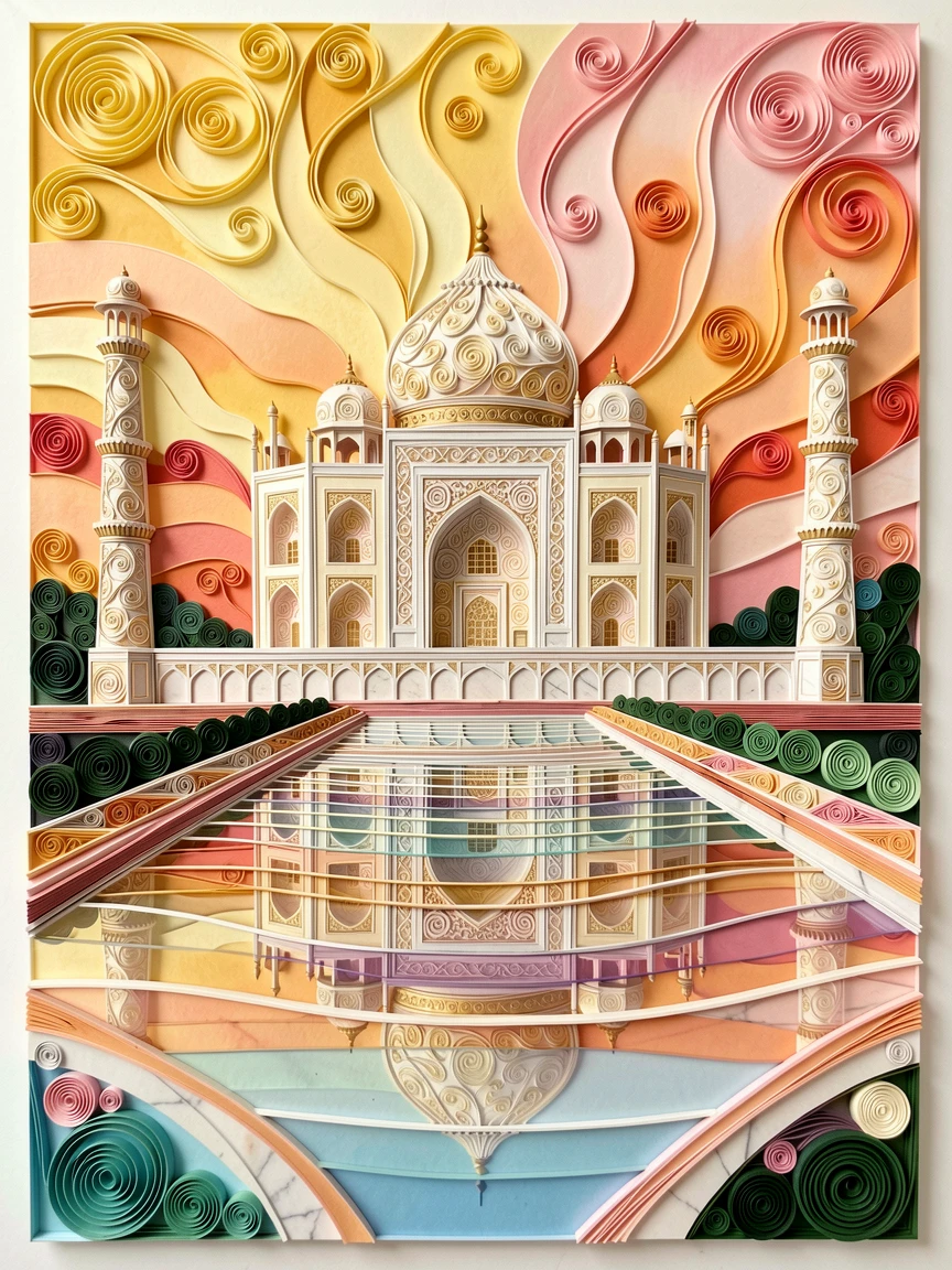 A breathtaking view of the Taj Mahal reflected perfectly in its still pool beneath a sky painted in soft sunset gradients, in warm golden and rose-colored sunset tones, composed with strong leading lines drawing the eye inward.