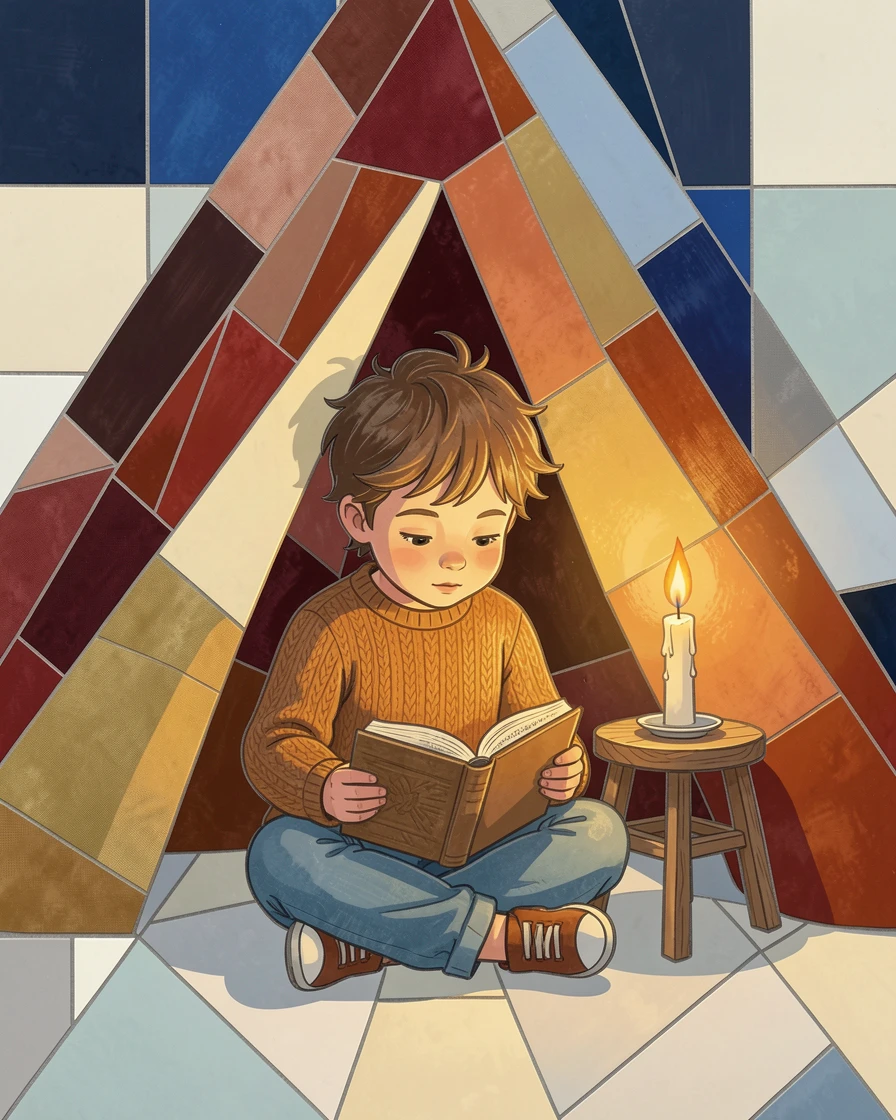 A child reading a book by candlelight in a cozy blanket fort.