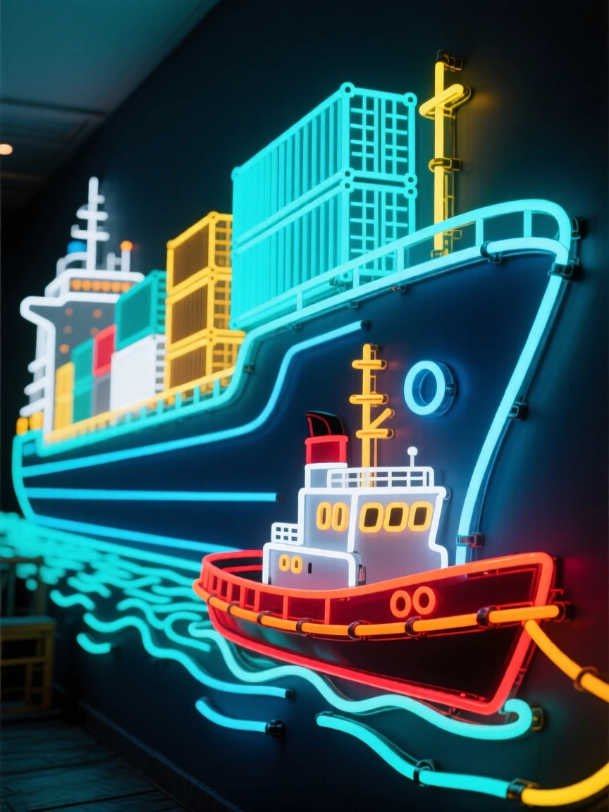 A tugboat guiding a massive container ship into harbor.