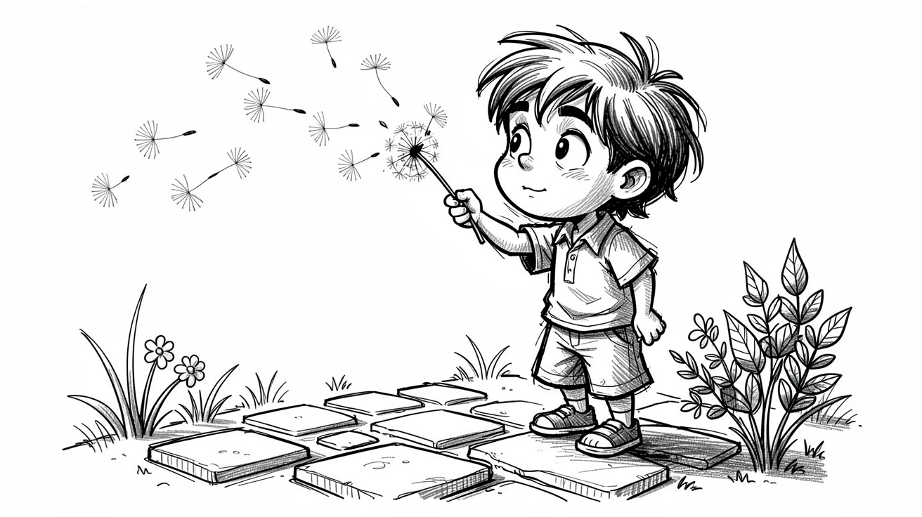 A little boy blowing dandelion seeds beside a quiet garden path.
