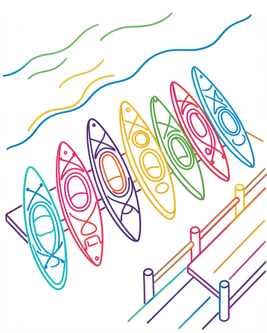 A row of colorful kayaks lined up along a riverside dock.