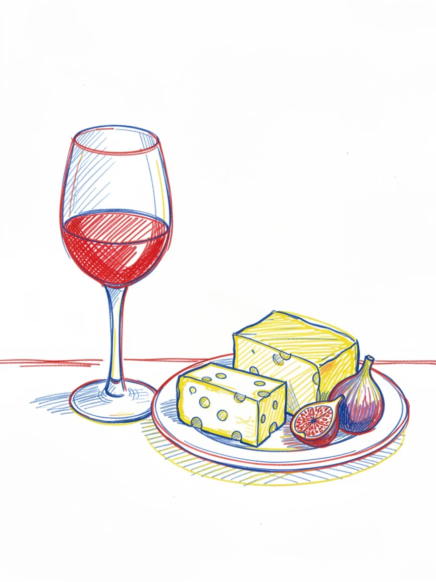 A glass of red wine beside a plate of aged cheese and figs