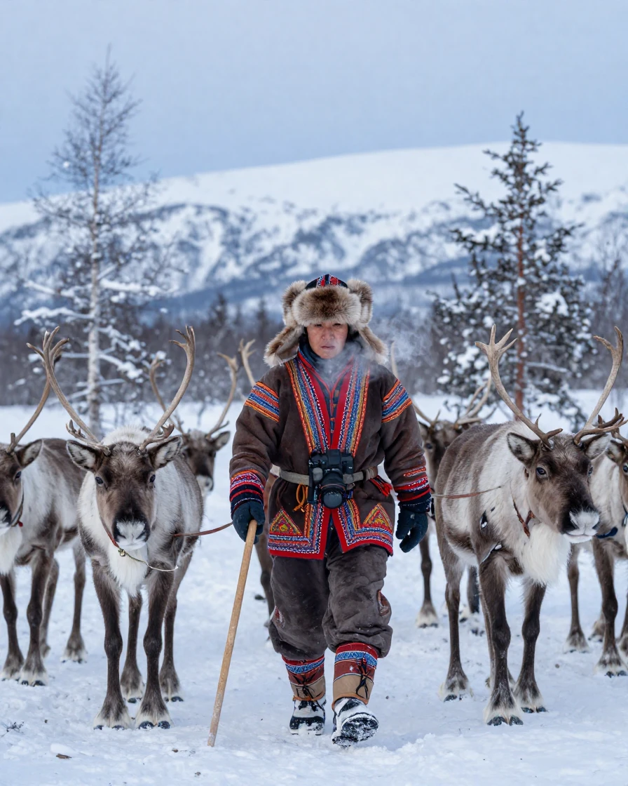 A traditional Sami herder guiding reindeer through snow