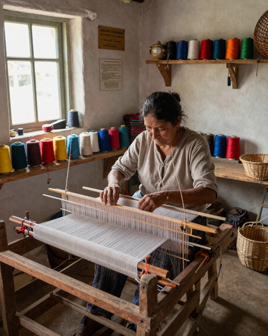 A weaver works a traditional loom in a small village workshop surrounded by colorful thread.
