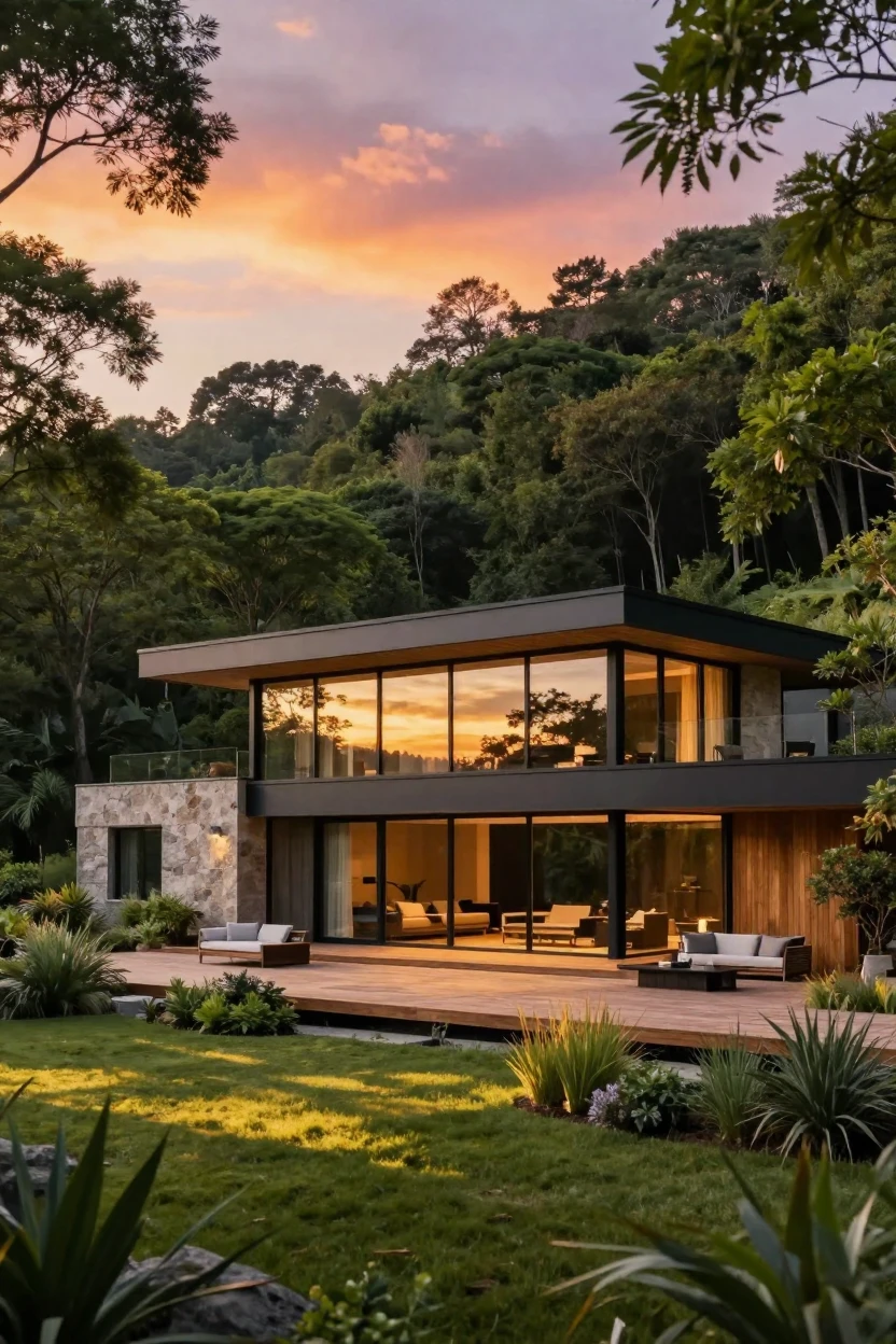 A modern home built into the side of a forested hill on a warm summer evening