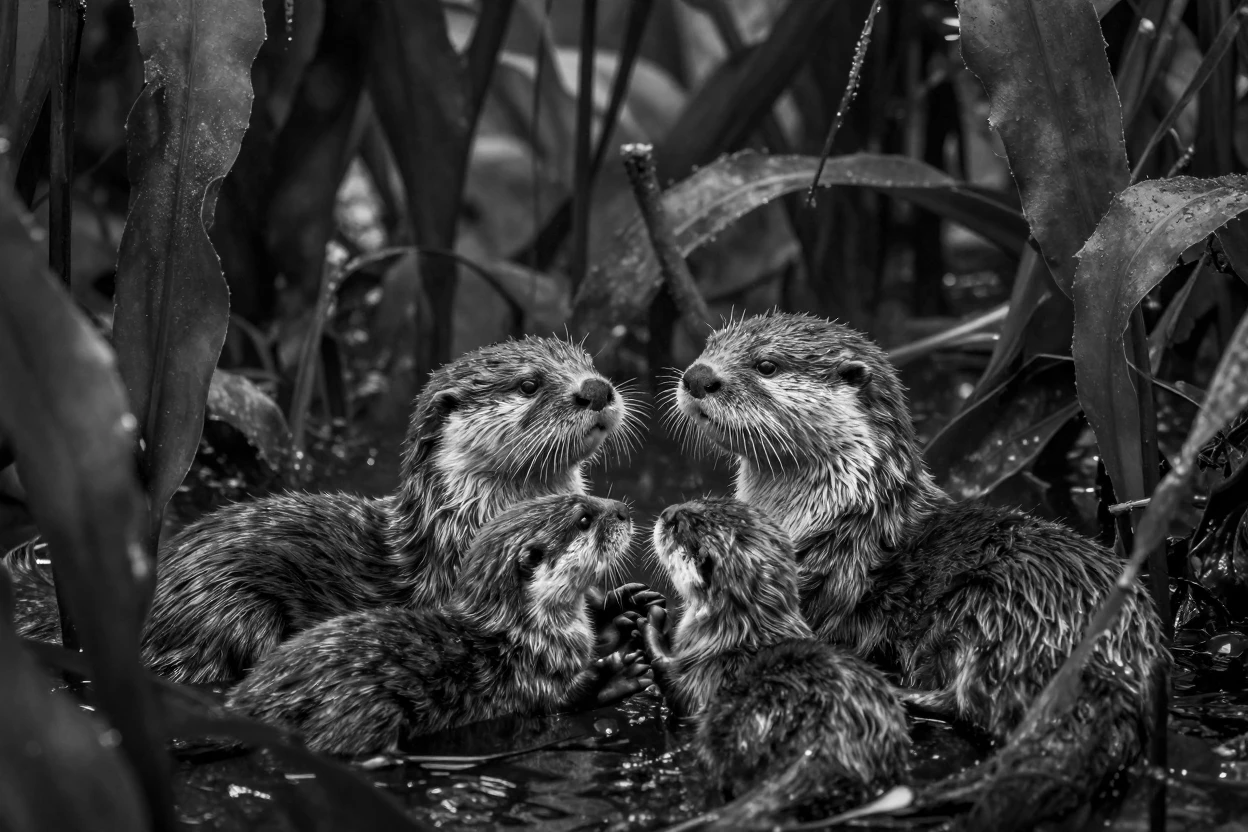 A family of otters floats together holding paws in a calm kelp forest.