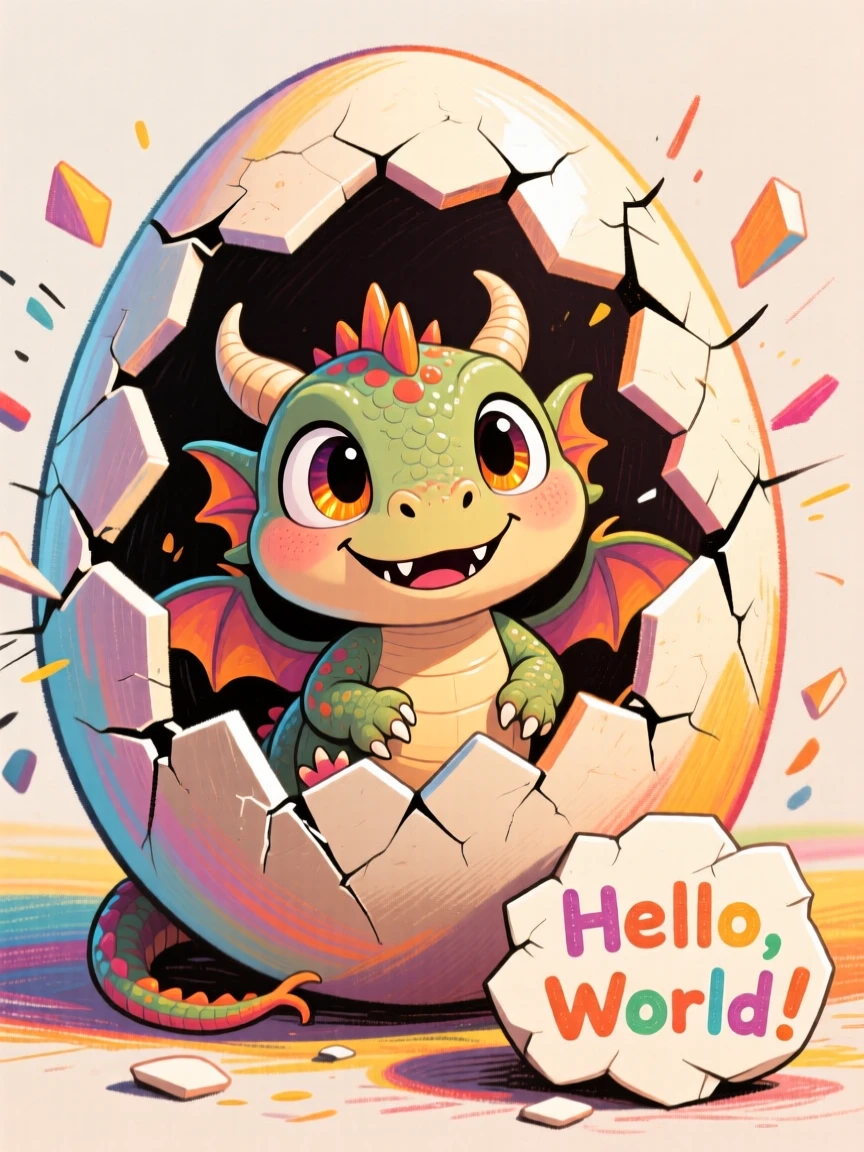 A dragon egg cracking open to reveal a curious baby dragon blinking at the world.