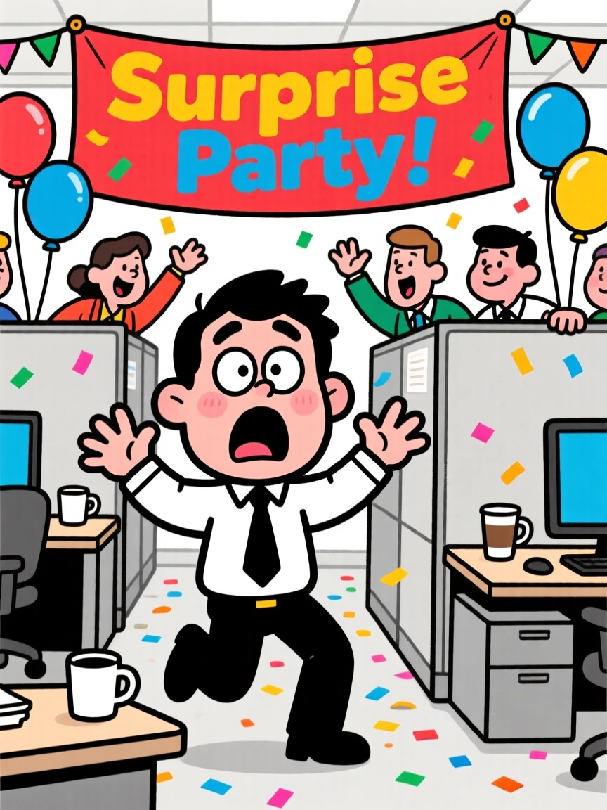A funny expressive moment showing a office worker reacting with exaggerated shock to a surprise party, with a sheepish grin afterward.