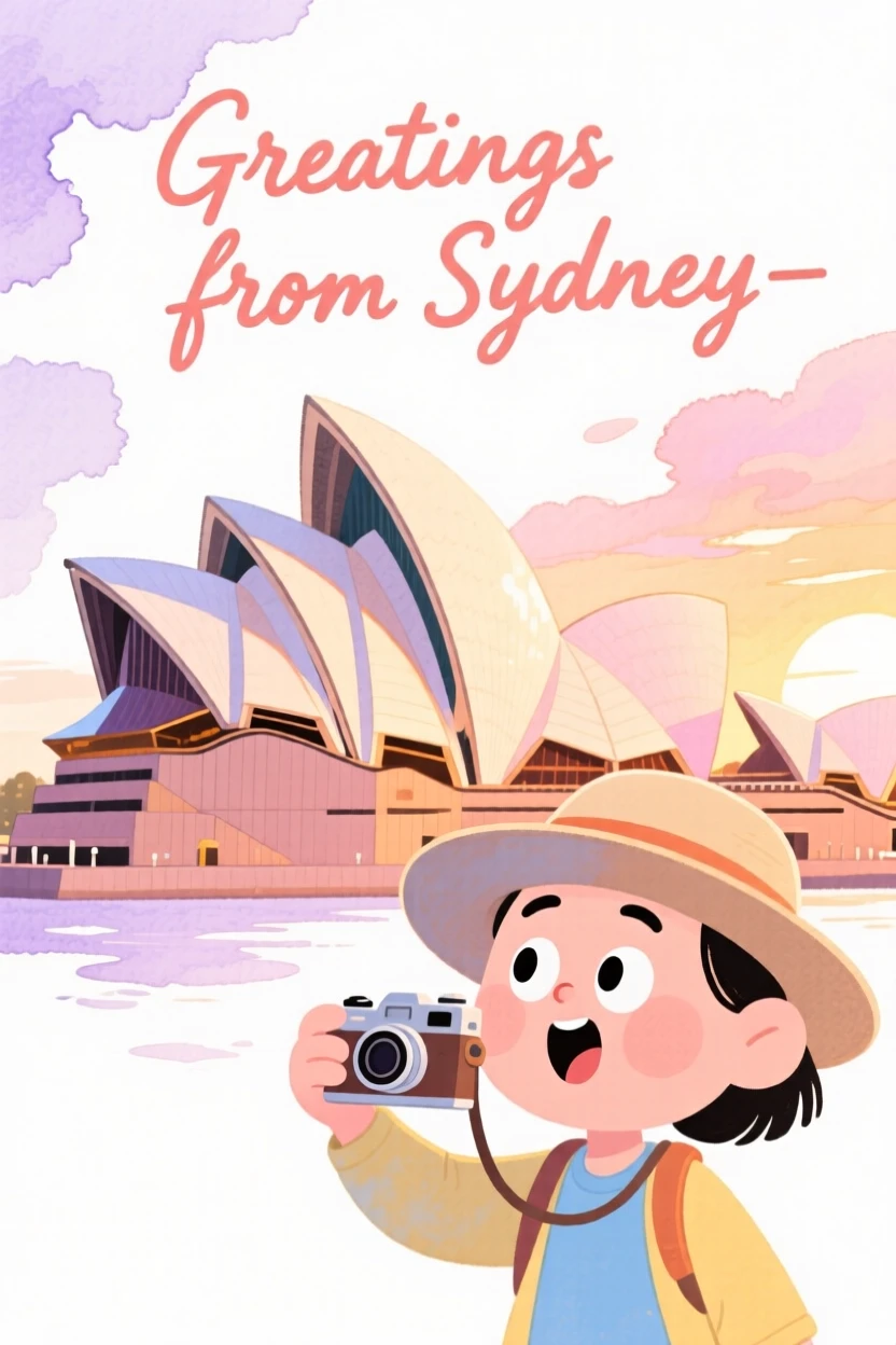 A dreamy travel postcard scene of the Sydney Opera House at golden sunset