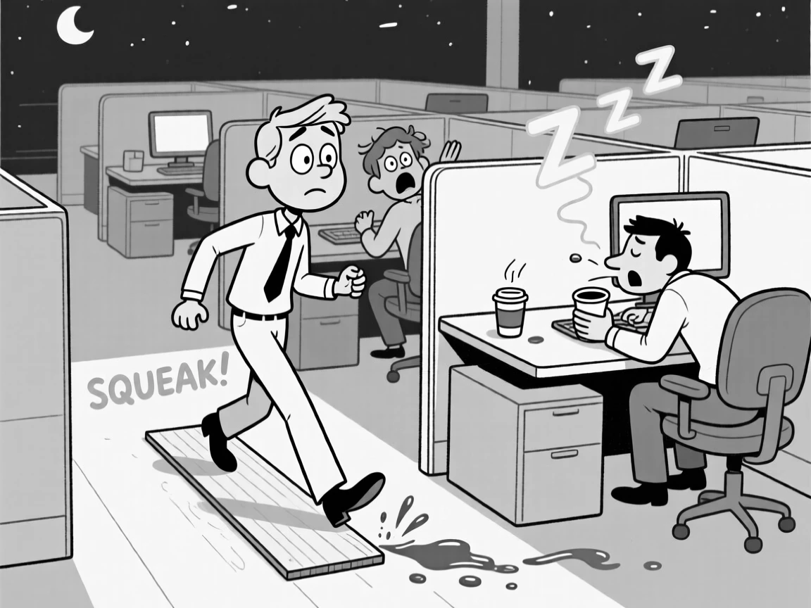A person tiptoeing past a squeaky floorboard at midnight, snoring loudly enough to startle nearby coworkers, set in a cubicle-filled open office. Coffee sloshes dangerously close to spilling. It's the kind of relatable blunder everyone secretly recognizes.
