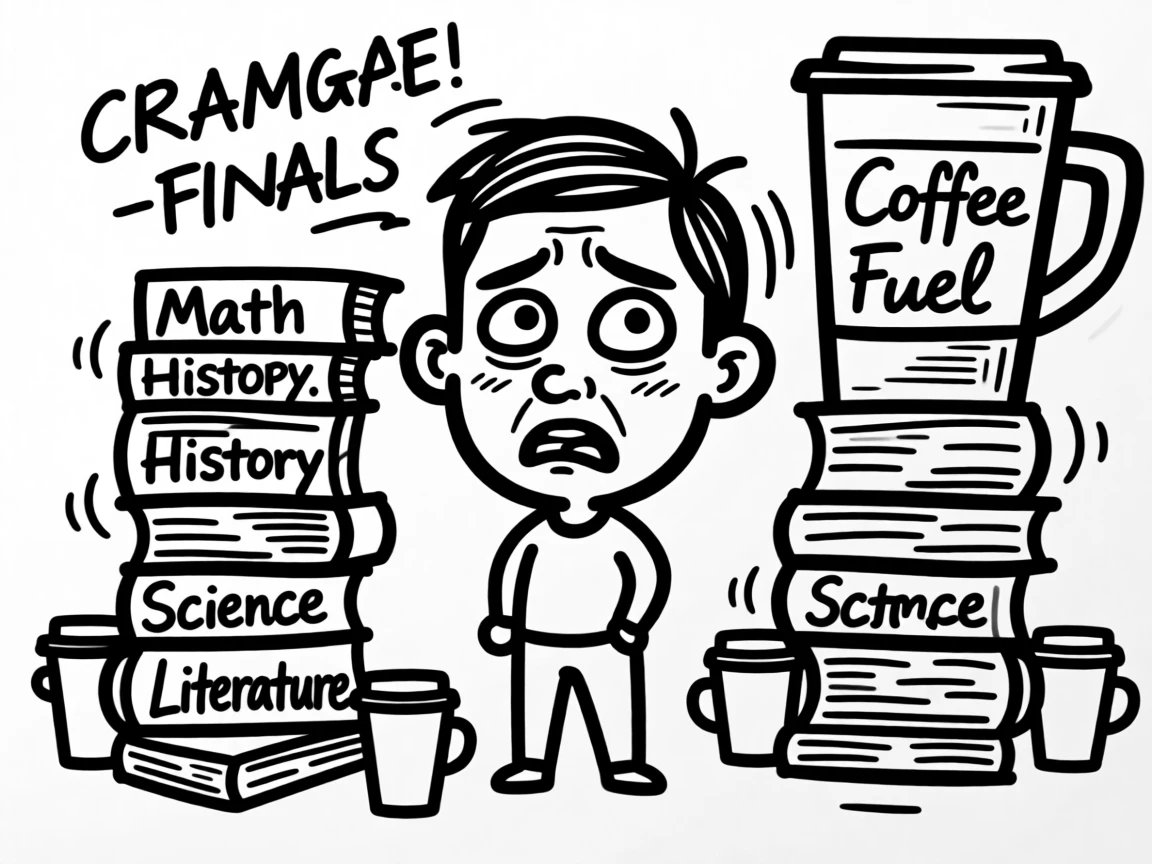 A student cramming for finals surrounded by towering stacks of textbooks and coffee cups.