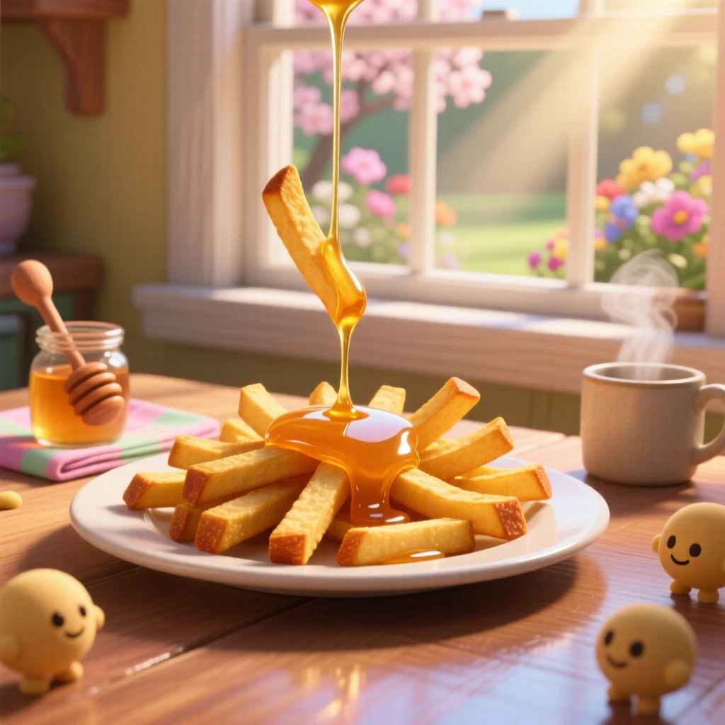 A plate of crispy golden fries sits beside a window with morning light streaming in, with honey drizzling slowly over the top. The mood is festive and appetizing.