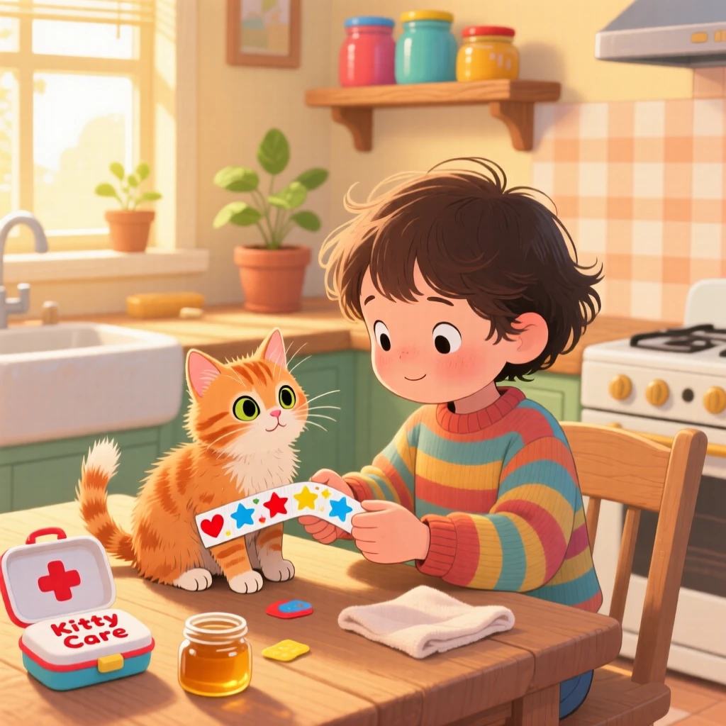 In a warm kitchen table, a child and a stray kitten bond over bandaging a small scrape with a colorful bandage, as trust grows between them.