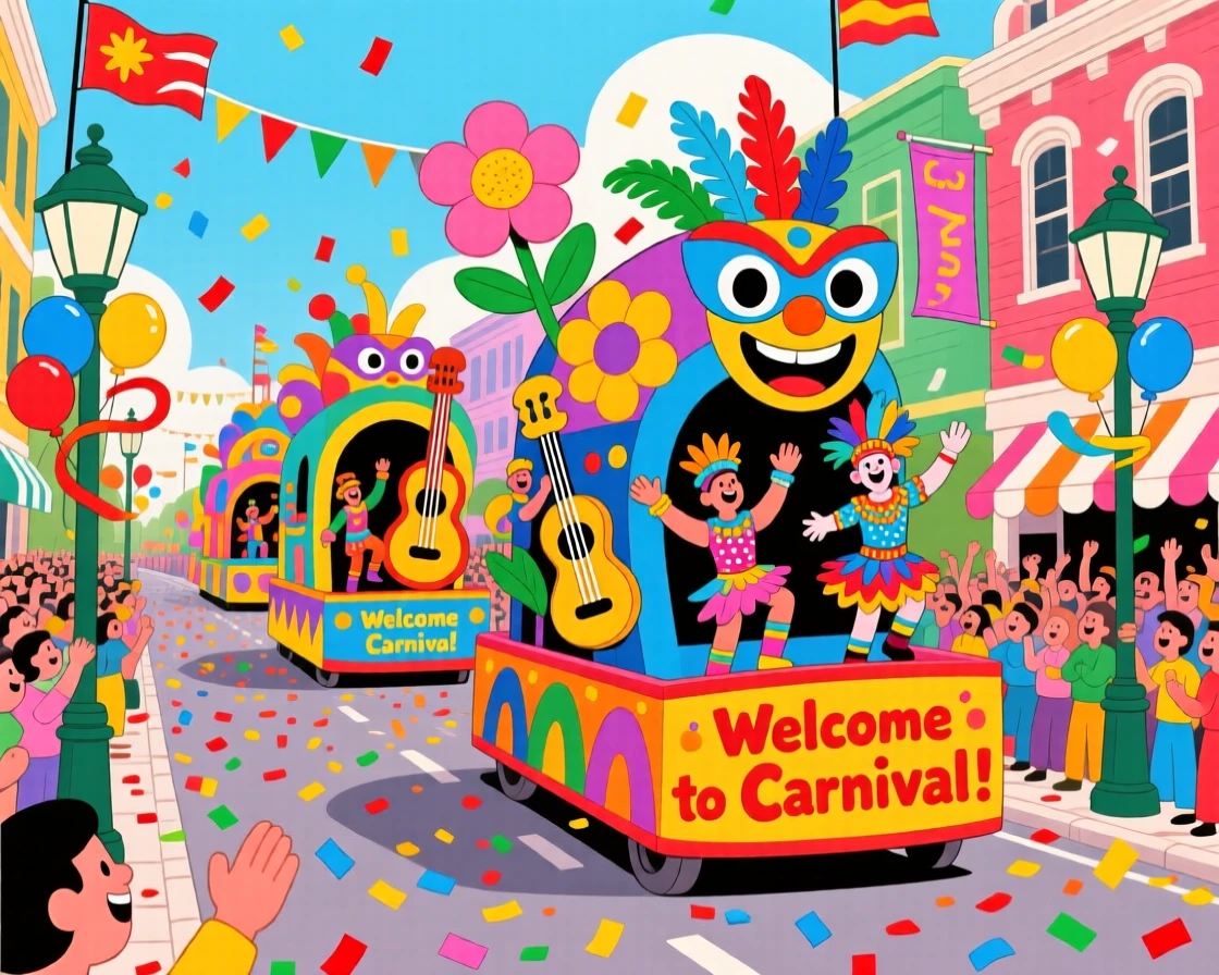 A parade of colorful floats moving through a Carnival street celebration.