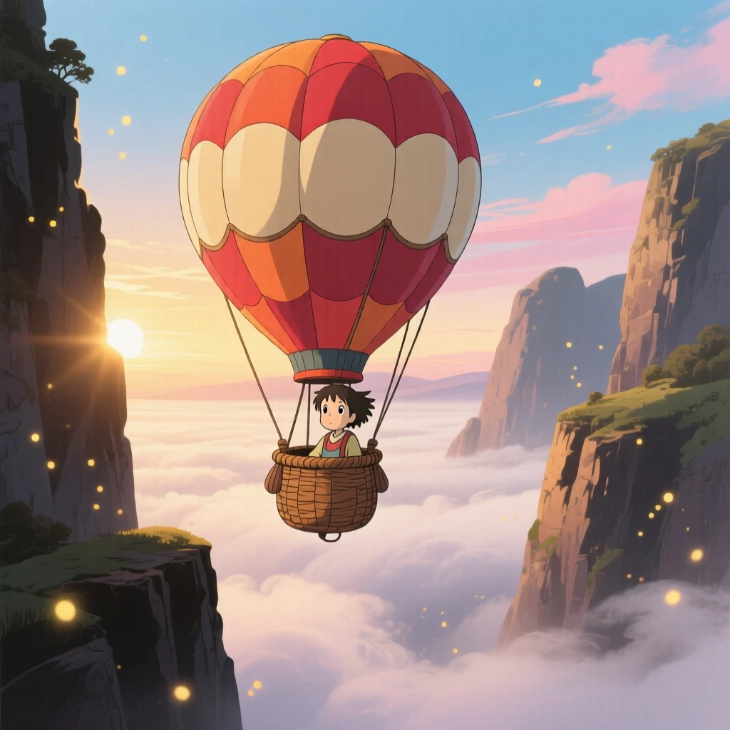 A stunning view of a hot air balloon drifting above a layer of morning fog, framed by silhouetted cliffs in the foreground.