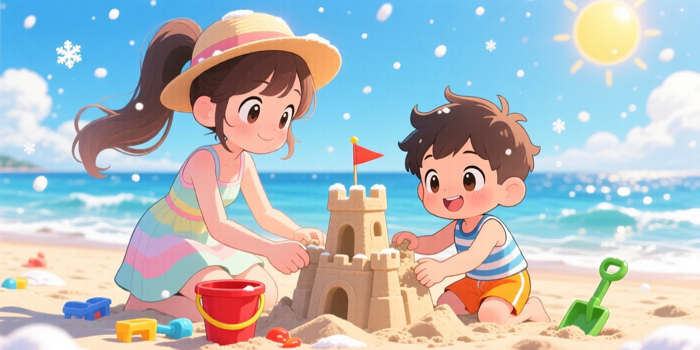 A big sister and little brother building a sandcastle together in a sunny beach amid softly falling snow; bright midday sun washes over the scene as quiet contentment fills the moment. Full-body shot.
