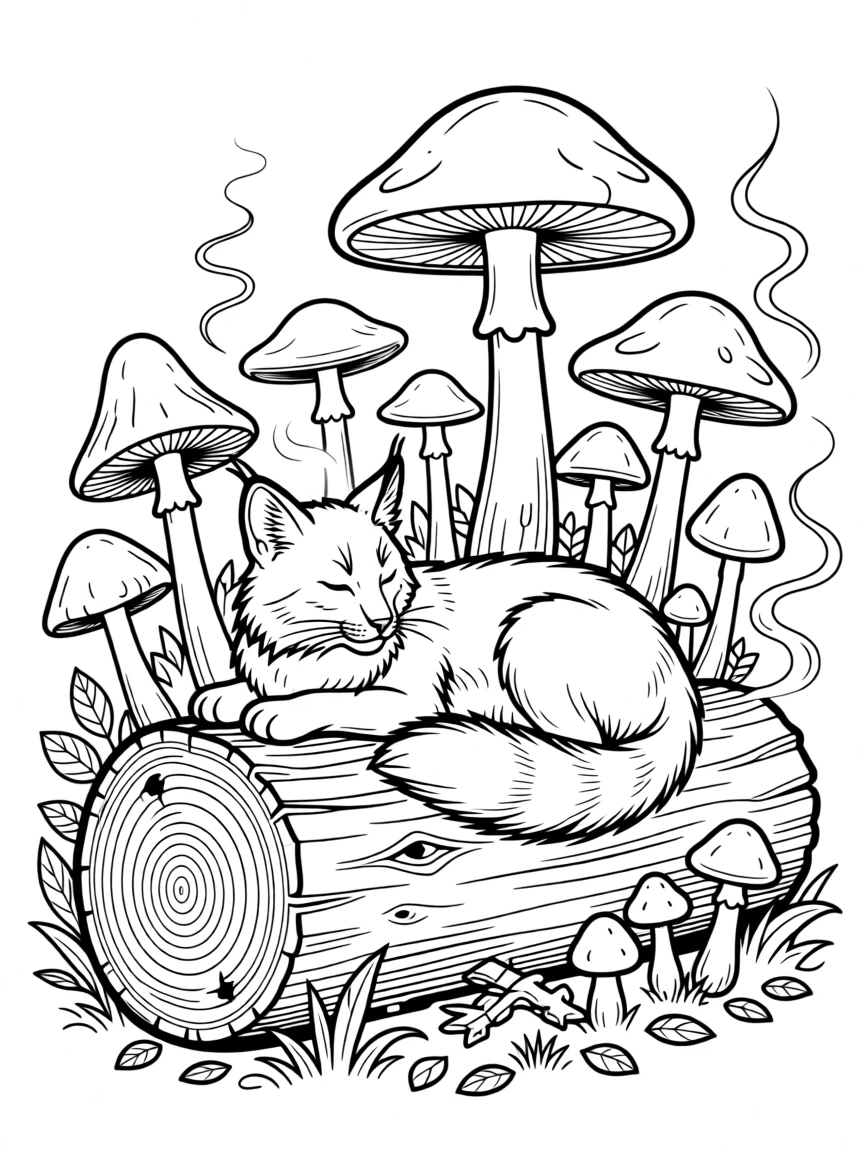 A lynx nestled in a hollow log surrounded by mushrooms, with mist curling around its paws.