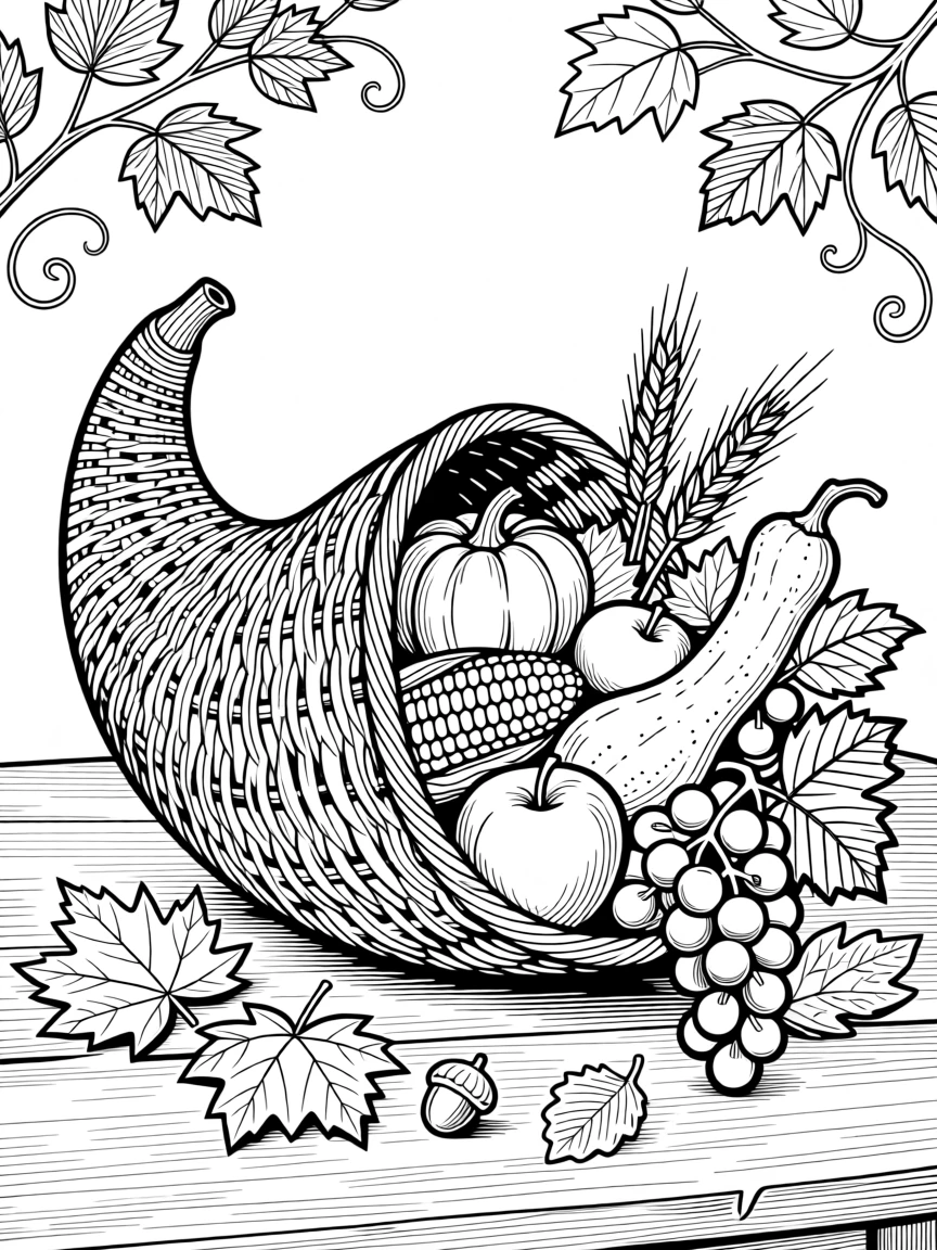 A Thanksgiving cornucopia overflowing with autumn fruits and vegetables.