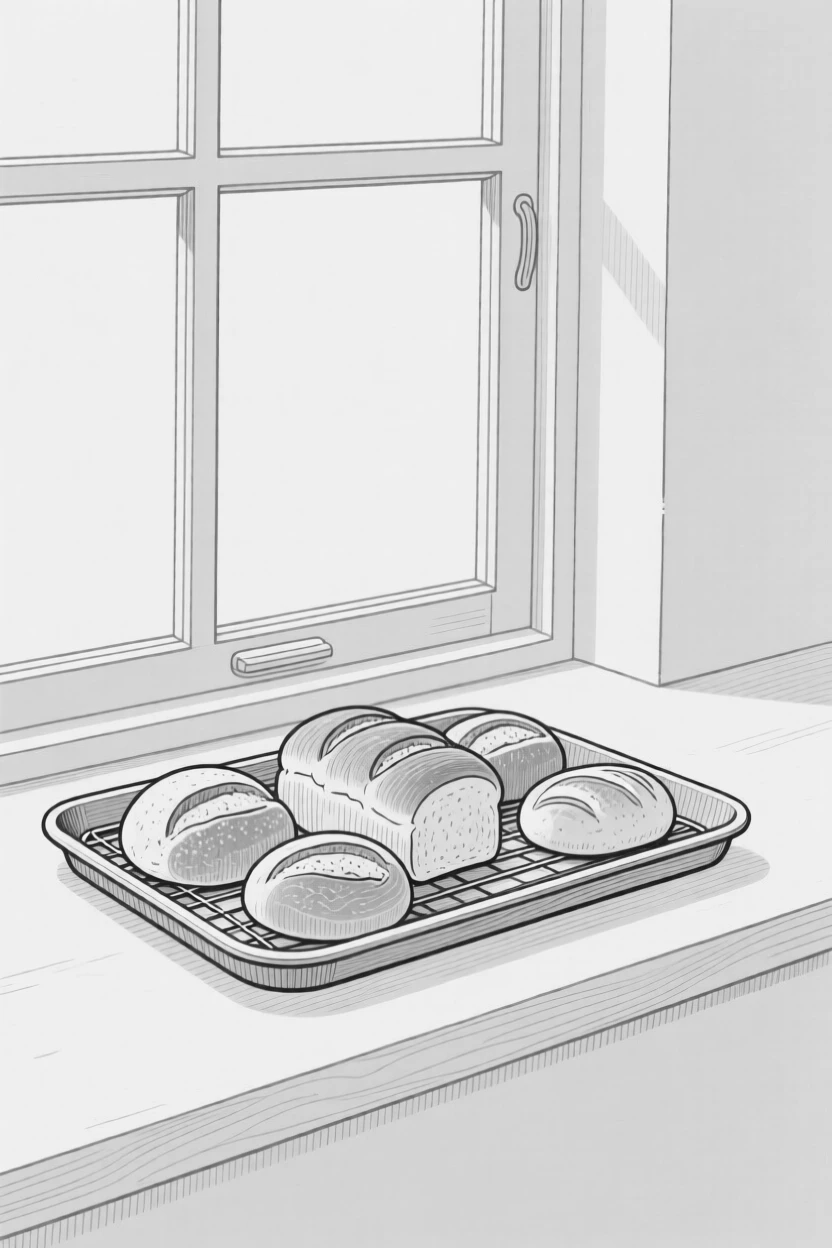 A tray of homemade bread loaves cooling on a windowsill