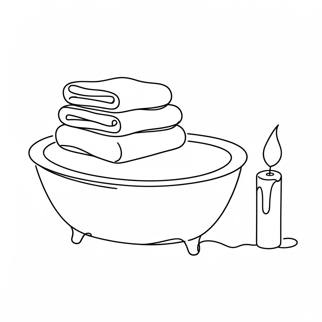 A stack of fresh towels and a candle beside a soaking bathtub