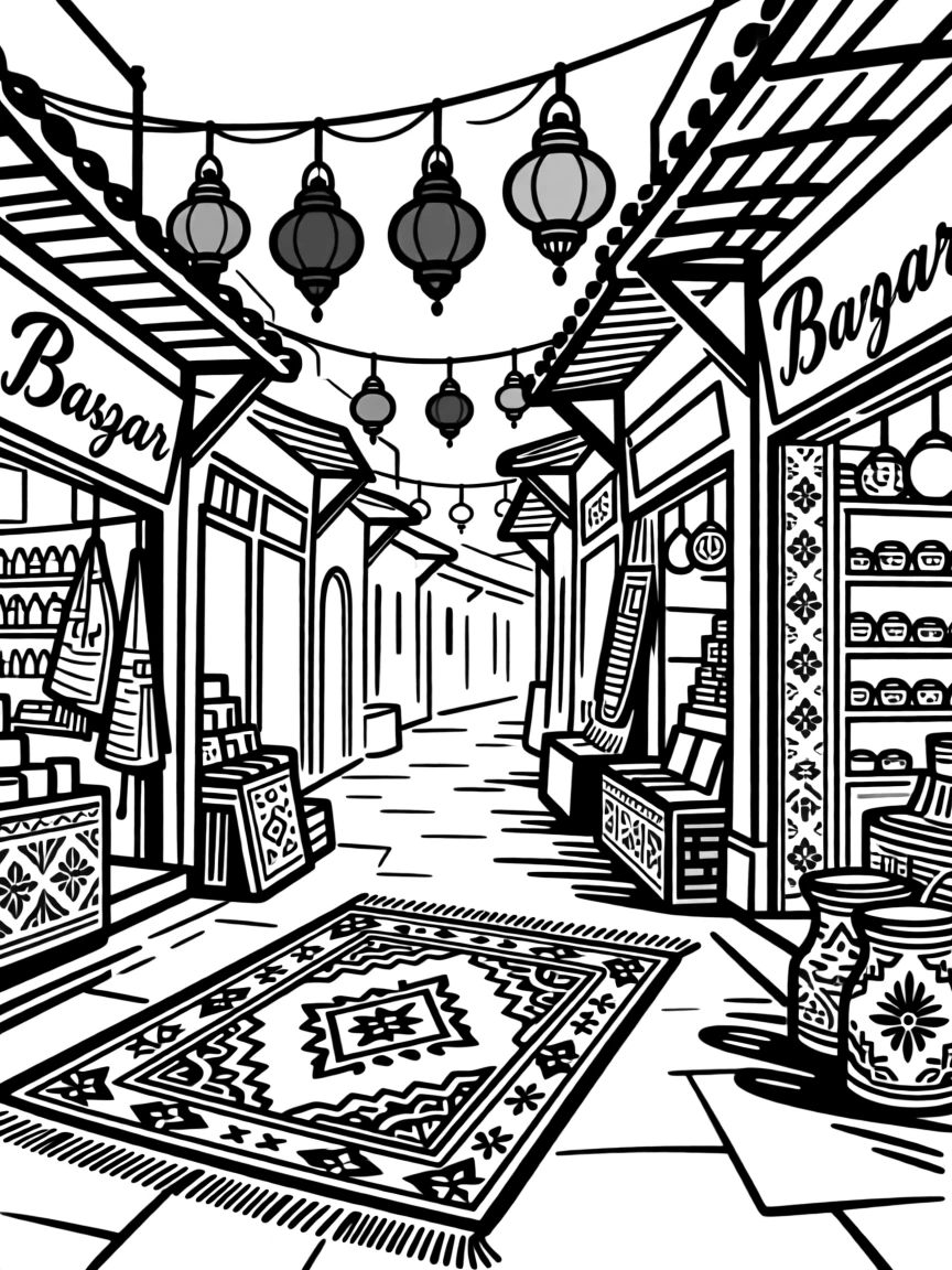 A Turkish bazaar filled with colorful lanterns, rugs, and ceramic tiles.