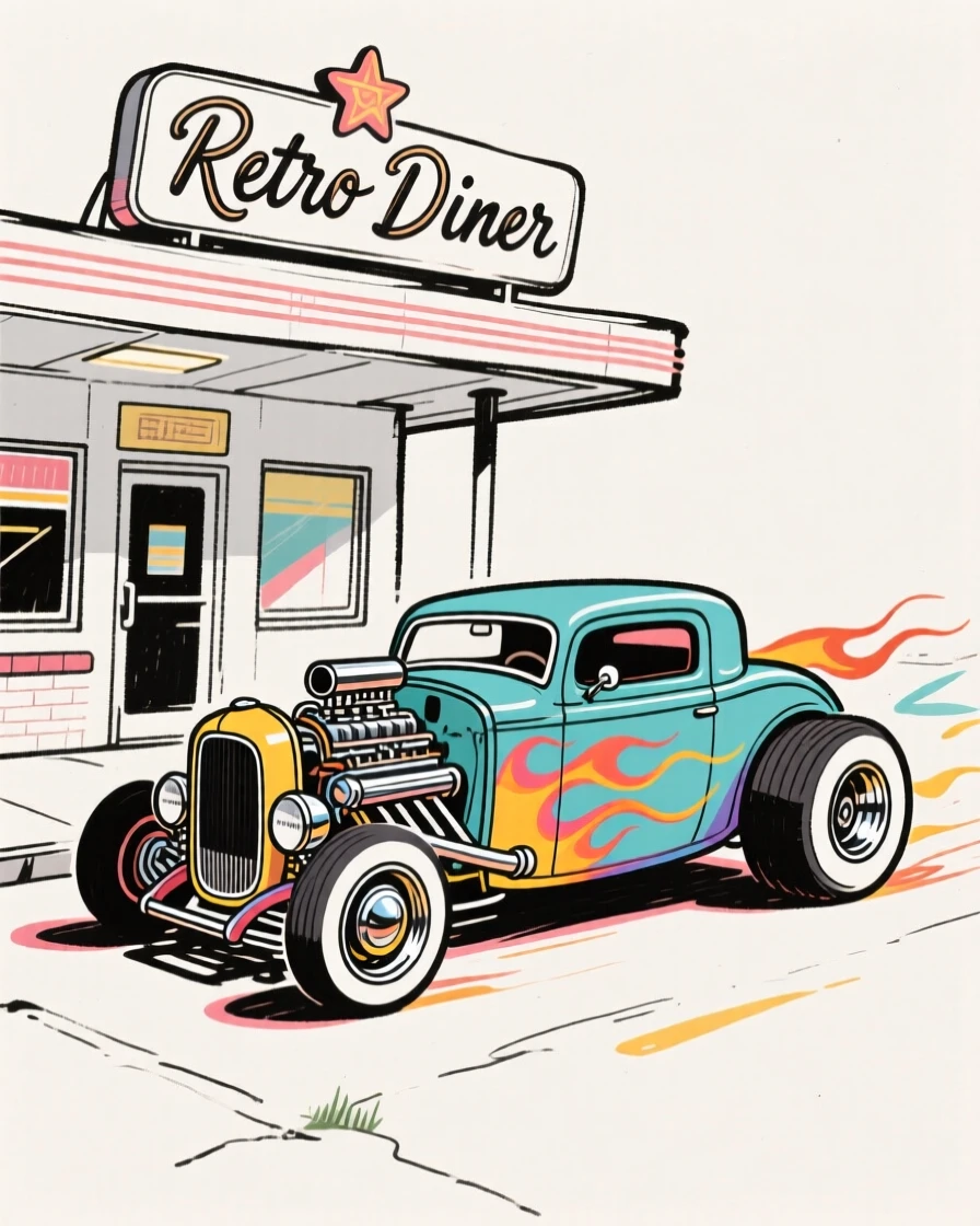 A colorful hot rod car parked at a retro roadside diner.