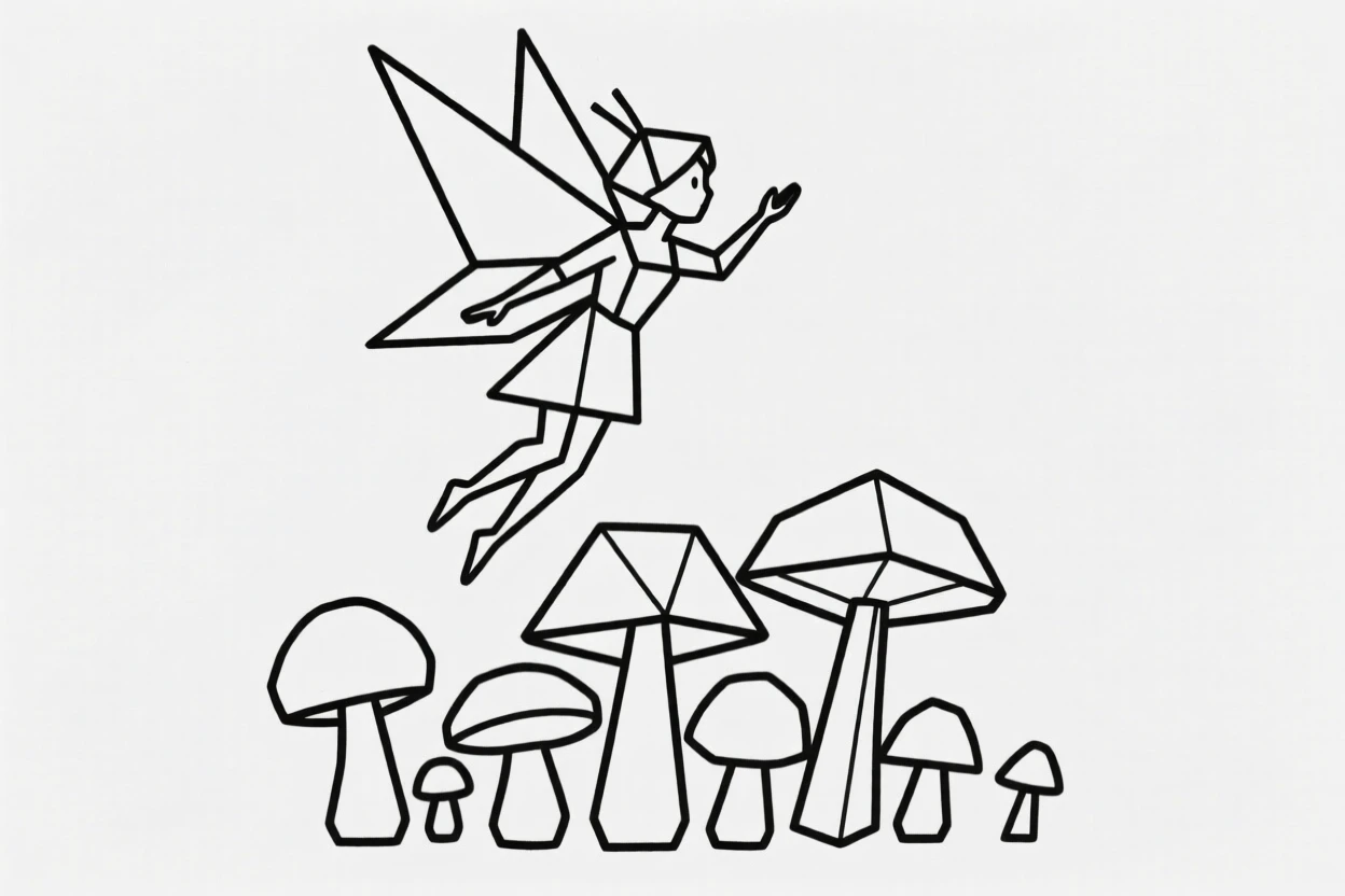 A fairy hovering above a cluster of mushrooms