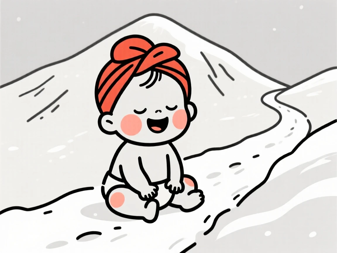 A sleepy baby of Hawaiian heritage wearing a Nigerian gele headwrap, laughing joyfully, on a snowy mountain trail.
