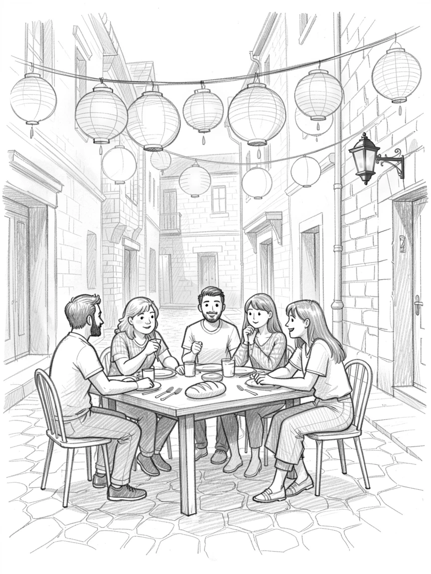 Friends sharing a meal beneath strings of lanterns, in a historic old town square, with golden light glinting off polished brass.